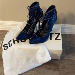 Schutz navy pony hair lace up heels